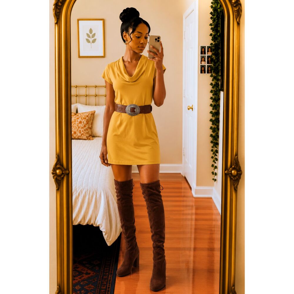 VTG Forever 21 Mustard Yellow Cowl Neck Tunic Dress Cap Sleeve Boho Size S